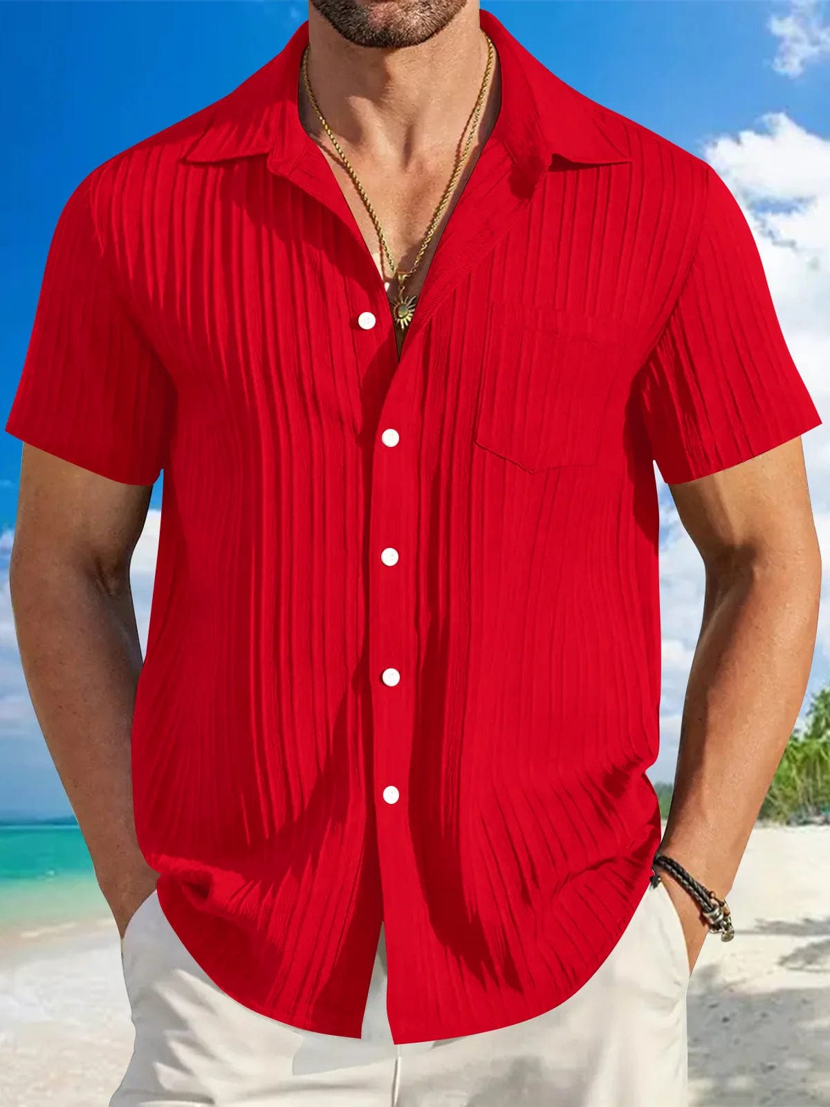 SHOWLU FASHION STORE y-7-red / S Fashion summer menswear Men's fashion striped casual beach shirt short sleeved shirt