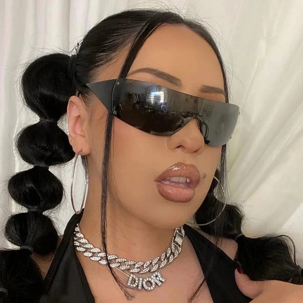 Buyuteen Y2K rimless sunglasses in pink, luxury steampunk design, UV400 protection, stylish unisex shades from Showlu Fashion Store.