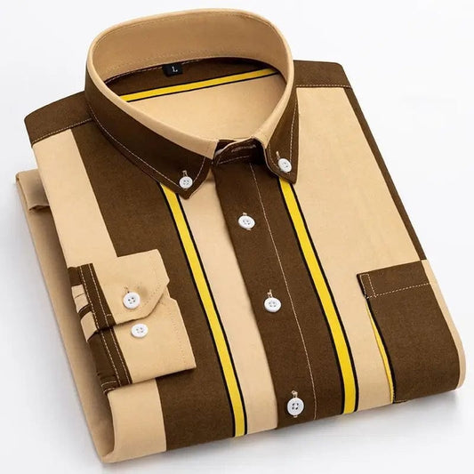 SHOWLU FASHION STORE Y2k Spring and Autumn Men's Striped Shirt Long Sleeve Business Casual Square Collar Regular Fit Anti-wrinkle Pocket Male Shirt