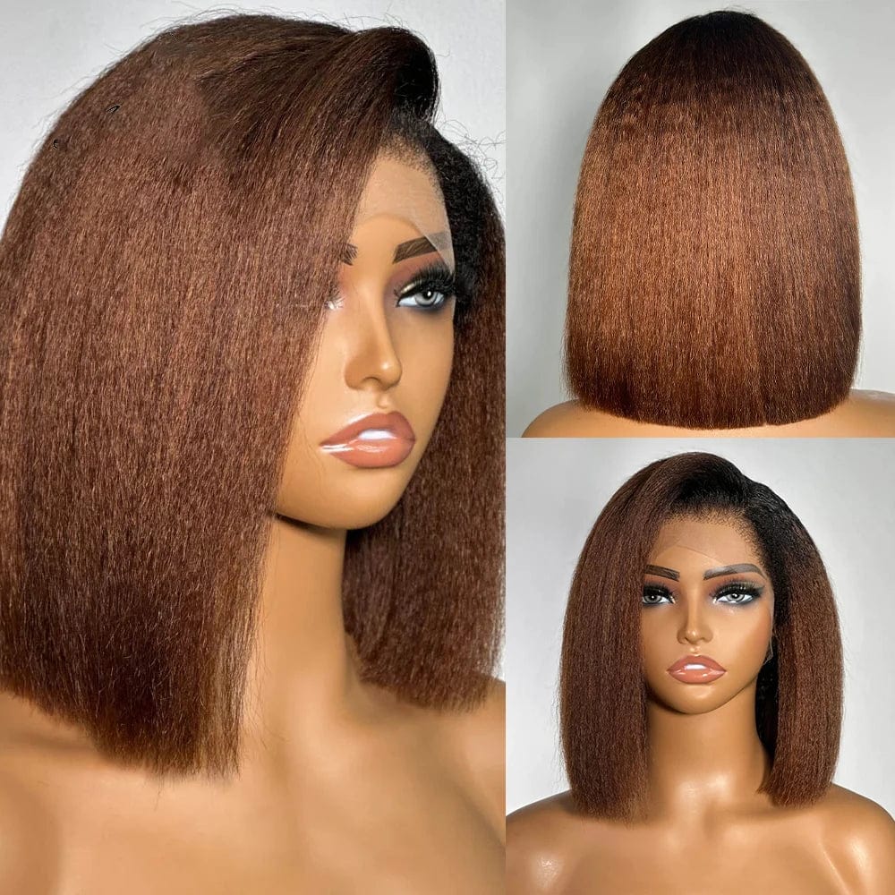 SHOWLU FASHION STORE Yaki Preplucked Long Ombre Brown 180%Density Short Bob Kinky Straight Lace Front Wig BabyHair Synthetic Heat Resistant Daily