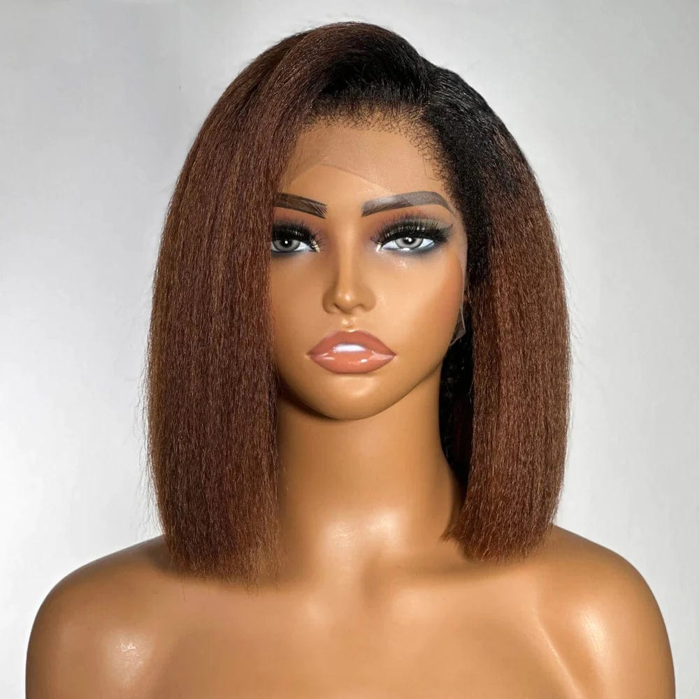 SHOWLU FASHION STORE Yaki Preplucked Long Ombre Brown 180%Density Short Bob Kinky Straight Lace Front Wig BabyHair Synthetic Heat Resistant Daily