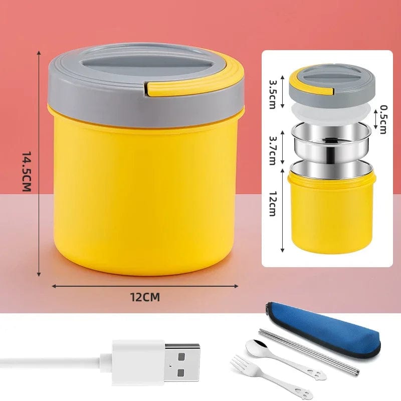 Showlu Fashion Store Yellow 1.2L USB Electric Lunch Box Stainless Steel Portable Leakproof Thermostatic Heater 12V 24V 5V Food Warmer Heated Container Set