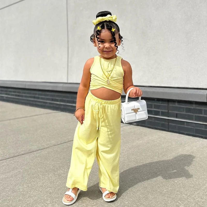  Showlu Fashion Store Yellow / 2T / United States Qunq 2024 summer New Girls Fashion Solid vest Top + wide leg pants 2 Pieces Set Casual Kids Clothes Age 2T-7T