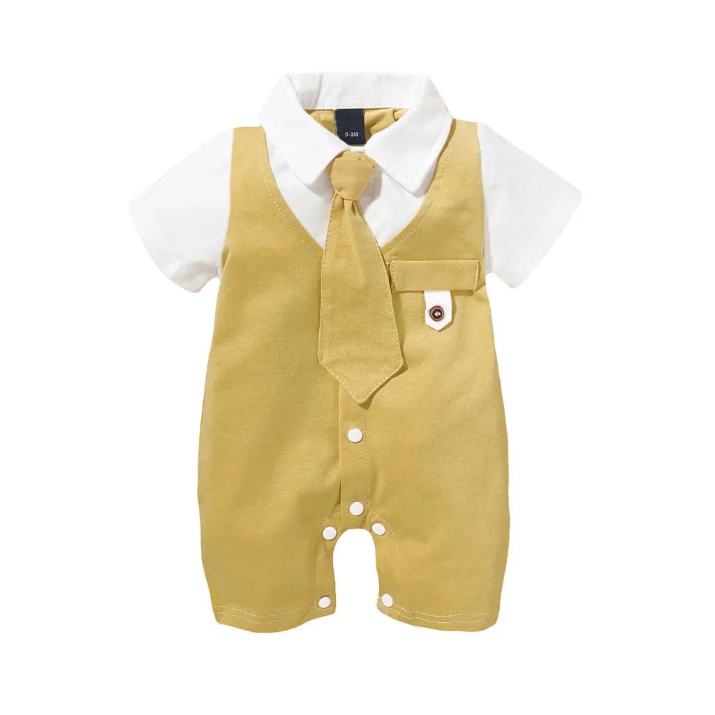  Showlu Fashion Store Yellow / 3-6Months / United States Summer Newborn Baby Boys Romper Short Sleeve Gentleman Tie Jumpsuit Infant Outfits Formal Child Boy Clothes 3 6 9 12 18 Months