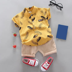  Showlu Fashion Store Yellow / 4T Summer new baby boy clothing sets children's clothing cotton print short sleeve shirt + shorts set Boys clothes