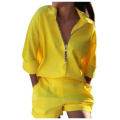 SHOWLU FASHION STORE Yellow / 4XL Summer Turndown Collar Long Sleeves 2Pcs/Set Women Shirt Shorts Suit Fashion Metal Zipper Feather Printed T-Shirt Top Pants Set