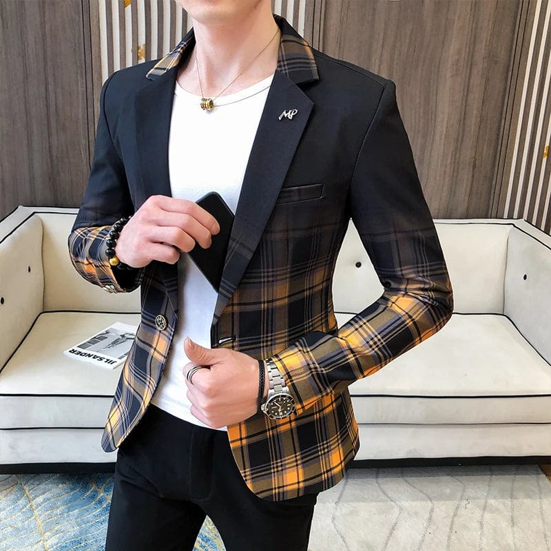 SHOWLU FASHION STORE Yellow 8026 / S ( 160cm 40-48kg ) Blazer Men Boutique Fashion Plaid Men's Slim Casual Suit Jacket Male Ball Social Blazer Suit Coat Host Clothing