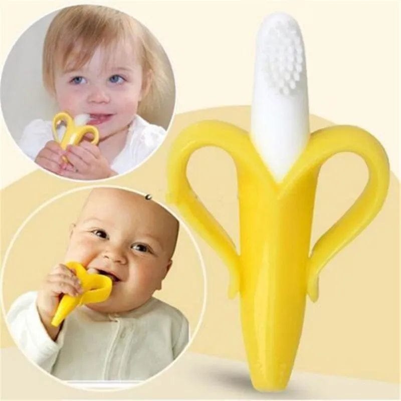 Showlu Fashion Store Yellow Banana Shape Safe Toddle Teether Baby Silicone Training Toothbrush BPA Free Banana Teething Ring Silicone Chew Dental Care Toot