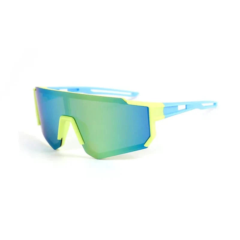 Showlu Fashion Kids UV400 sports sunglasses with colorful lenses, yellow and blue frames, ideal for boys and girls outdoor cycling.