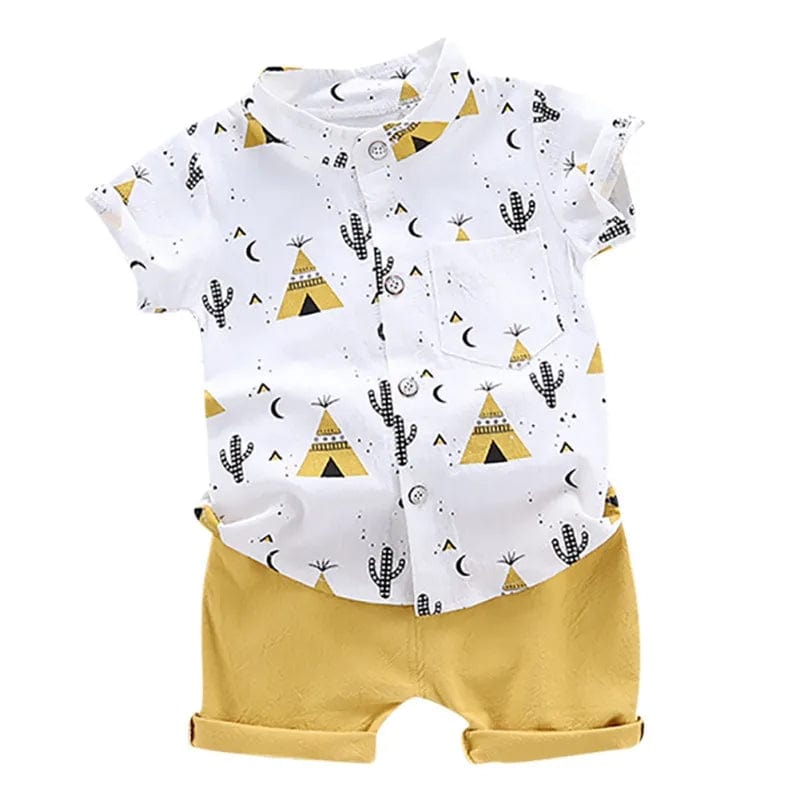  Showlu Fashion Store Yellow / CHINA / 4T Summer Baby Boys Clothes Kids Casual Short Sleeve Floral Pyramid Print T-shirt Tops+Shorts Children Costume Set