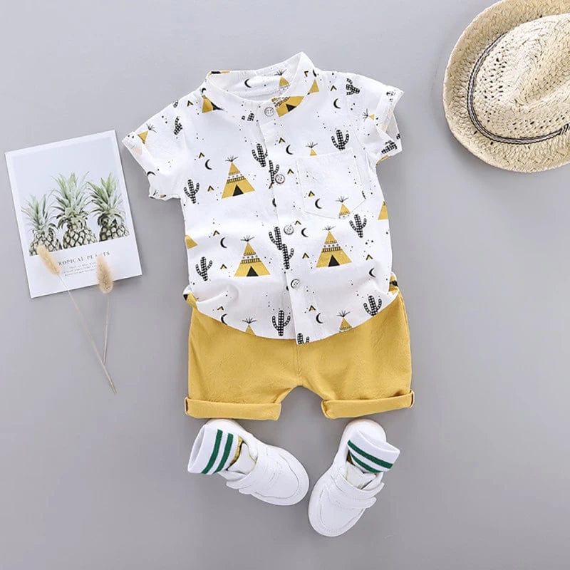  Showlu Fashion Store Yellow / CHINA / XL 3-4T Summer Baby Boy Clothes Set Cartoon Print Short Sleeve Shirt + Pants Suit for 0-4 Years Kid Toddler Outfit Boys Clothing