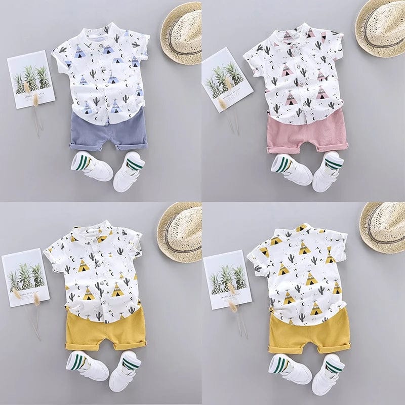  Showlu Fashion Store Yellow / CHINA / XL 3-4T Summer Baby Boy Clothes Set Cartoon Print Short Sleeve Shirt + Pants Suit for 0-4 Years Kid Toddler Outfit Boys Clothing