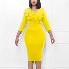 SHOWLU FASHION STORE Yellow Dress / XL Elegant Office Dresses for Women V Neck Full Sleeve Ruffles Belt Waisted Package Hips Mid Calf Professional Work Dress Midi Robe