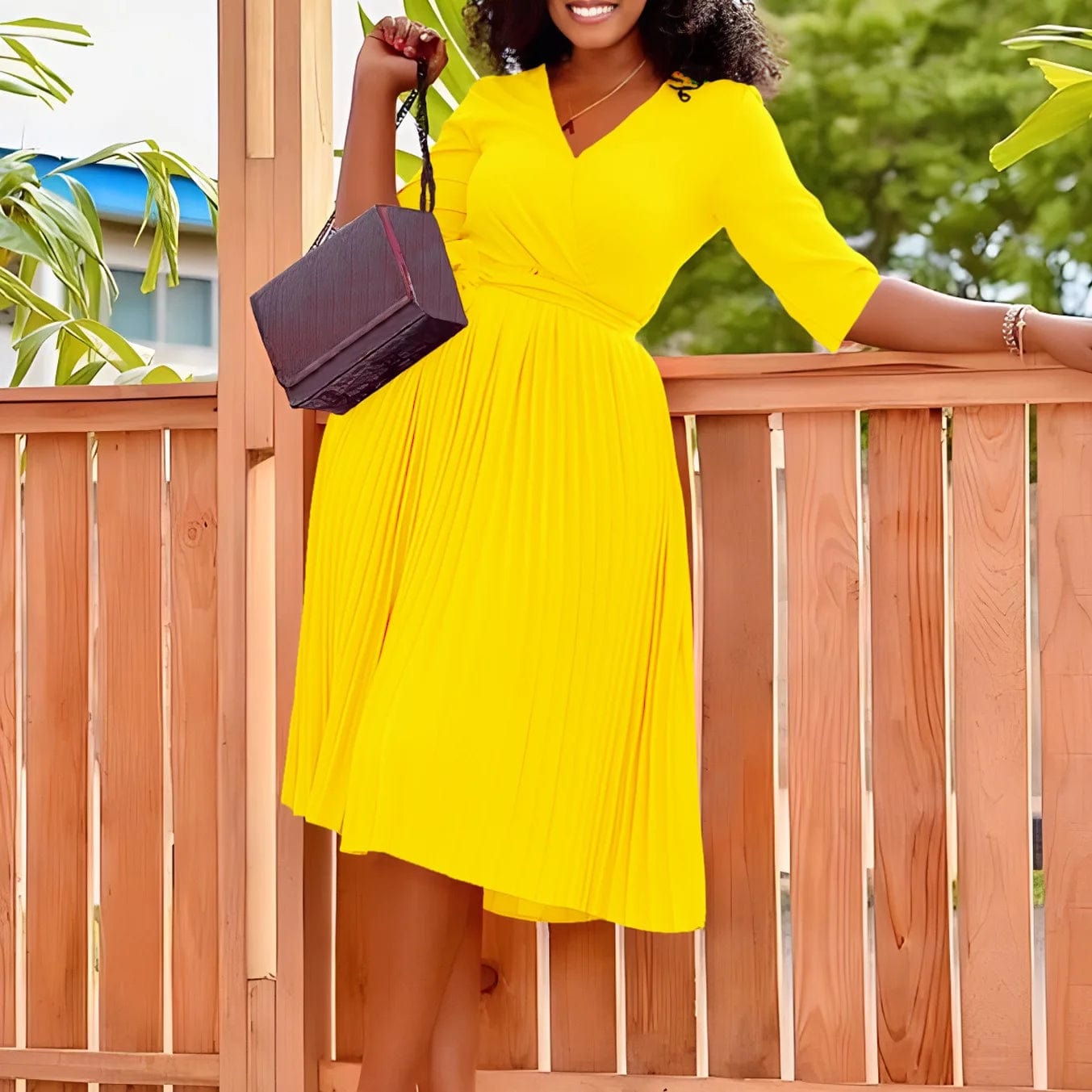 SHOWLU FASHION STORE Yellow Dress / XXXL Elegant Office Ladies Pleated Dress V Neck Half Sleeve Belt Waisted Mid Calf Professional Female Business Work Wear Dress Midi