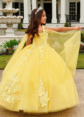  Showlu Fashion Store Yellow Dresses Ball Gown O-neck Tulle Appliques Flower Girl Dresses For Weddings Pageant Dresses