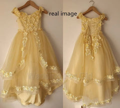  Showlu Fashion Store Yellow Flower Girls Dresses Appliques Lace Corset Back Girls Pageant Birthday Prom Gown First Communion Gowns