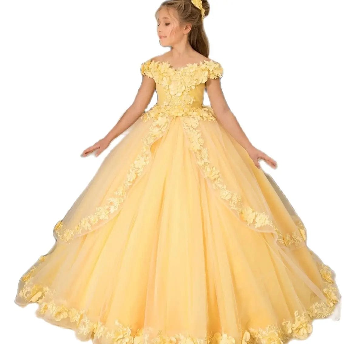  Showlu Fashion Store Yellow Flower Girls Dresses Appliques Lace Corset Back Girls Pageant Birthday Prom Gown First Communion Gowns