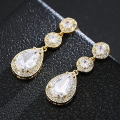  Showlu Fashion Store Yellow Gold Luxury Zircon Wedding Long Dangle Earrings with Round Water Drop Elegant CZ Earrings for Women Bridal Wedding Jewelry Dress