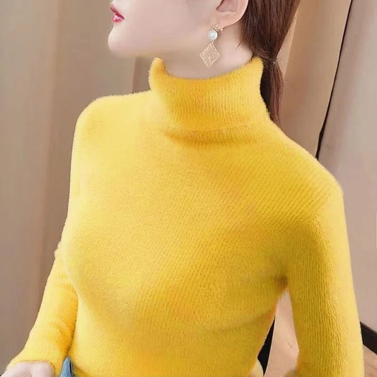 SHOWLU FASHION STORE Yellow / L High Neck Women Slim Warm Sweater Solid Basic All-Match Multi-Color Pullover Elegant Office Lady Knit Top Casual Chic New Trend