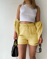 SHOWLU FASHION STORE Yellow / M Oversized Shirt Shorts Two Piece Sets Women Summer Cotton Tops With Loose High Waist Shorts Suit 2023 Fashion Streetwear Outfits