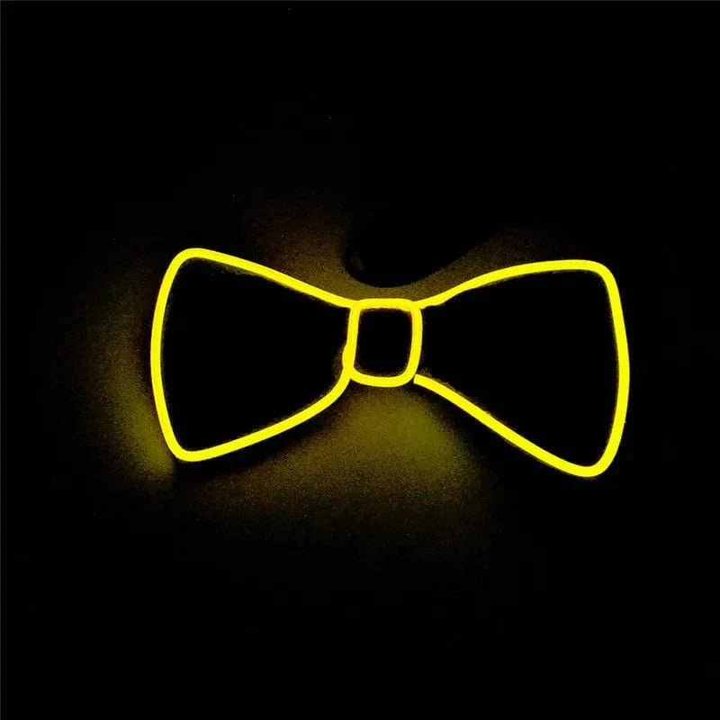 Yellow Showlu LED Neon EL Wire glowing bow tie, luminous party accessory for Halloween, Christmas, or club stage performances.