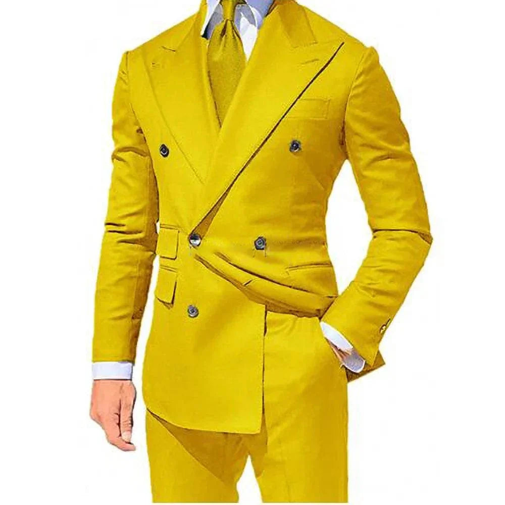 Yellow men's 2-piece skinny fit wedding suit blazer and trousers set by Showlu Fashion Store, casual and formal style for special occasions.