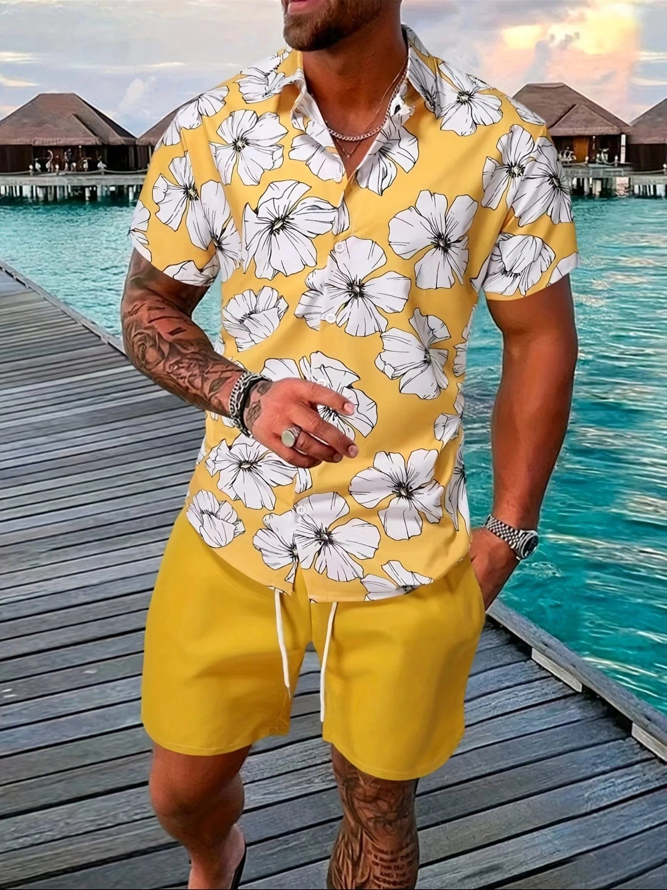 Showlu Fashion Store yellow / S 2024 Men Summer Sets Print Lapel Short Sleeve Casual Shirt Beach Shorts Streetwear Vacation Hawaiian Suits Men Cothing