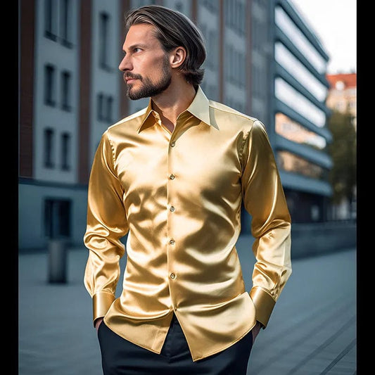  Showlu Fashion Store Yellow / S Mens Satin Silk Dress Shirt Long Sleeve Slim Business Formal Casual Tops Classic