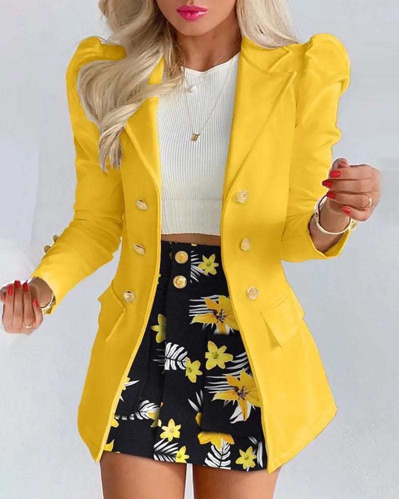  Showlu Fashion Store Yellow / XL Long Sleeve Suit Jacket Dress Set Spring Fashion Elegant Solid Turn Down Collar Coat Buns Two Piece Sets For Women Outfit 2023