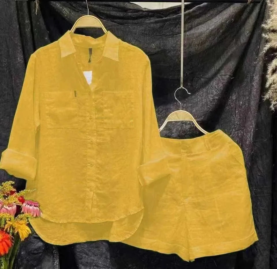 Showlu Fashion Women's cotton linen 2-piece set with yellow long sleeve shirt and shorts, casual summer home wear, XXL size
