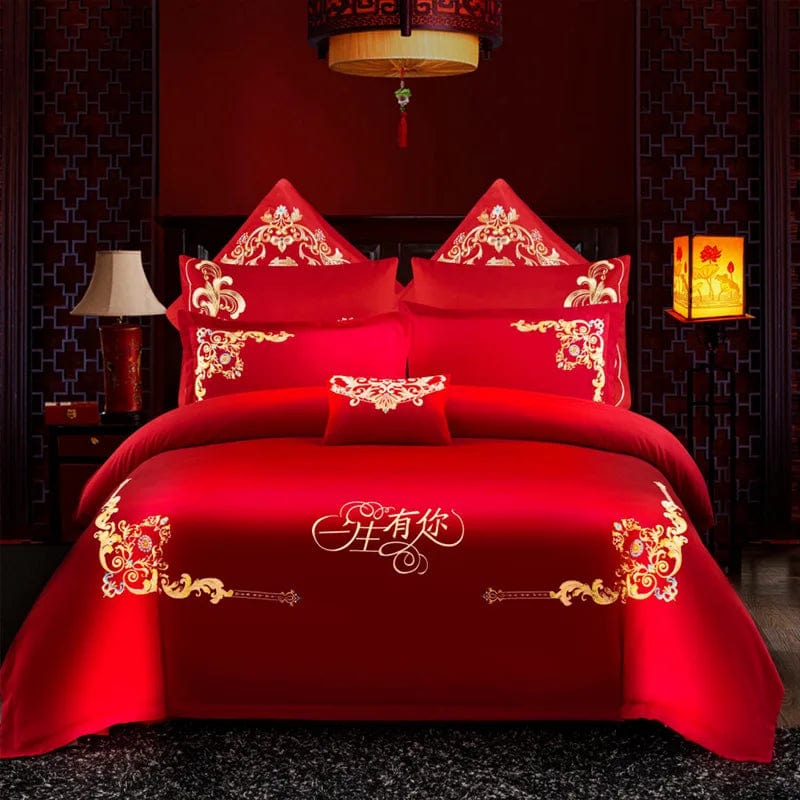 SHOWLU FASHION STORE YiSheng-YN / set / King Chinese wedding four-piece set big red embroidered newlywed bedding wedding festive set dragon and phoenix quilt embroidered bedding bed sheets quilt cover