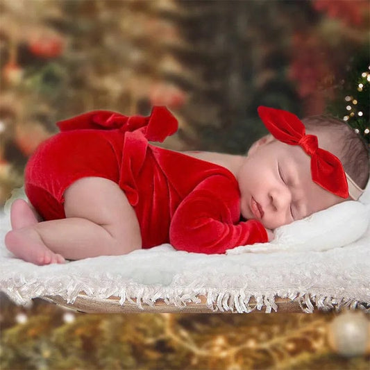 Showlu Fashion Store Ylsteed Newborn Christmas Photography Clothes Baby Girl Back Bow Red Romper with Rabbit Headband