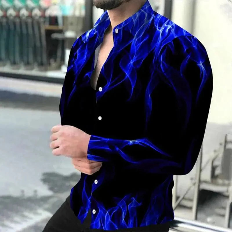 Men's SHOWLU 3D Flame Print Long Sleeve Casual Button Down Shirt in blue, featuring digital flame design and hip-hop style.