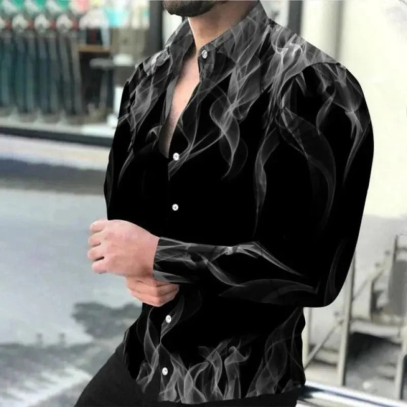 SHOWLU Men's 3D Flame Print Long Sleeve Casual Button Down Shirt in grey with digital flame design, perfect for hip-hop style.