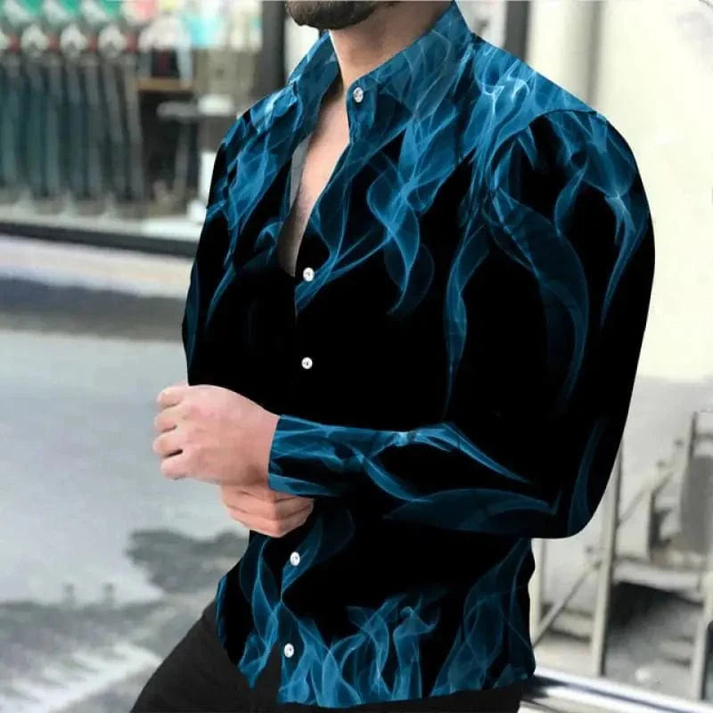 Sky blue SHOWLU men's long sleeve 3D flame print shirt with casual button-down design, perfect for spring and autumn.