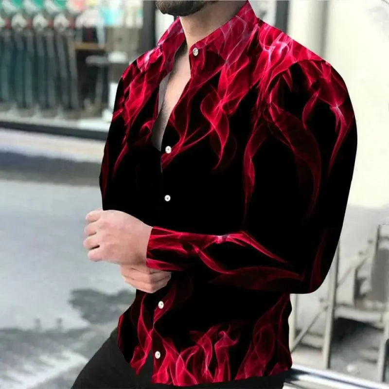 SHOWLU Men's 3D Flame Print Long Sleeve Shirt with casual button-down design, featuring vibrant digital flame artwork.