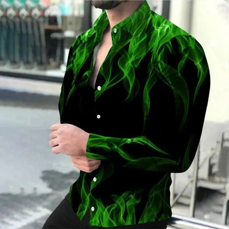 SHOWLU Men's 3D Flame Print Long Sleeve Button-Down Shirt with digital flame design, casual style, green color, XXL size.