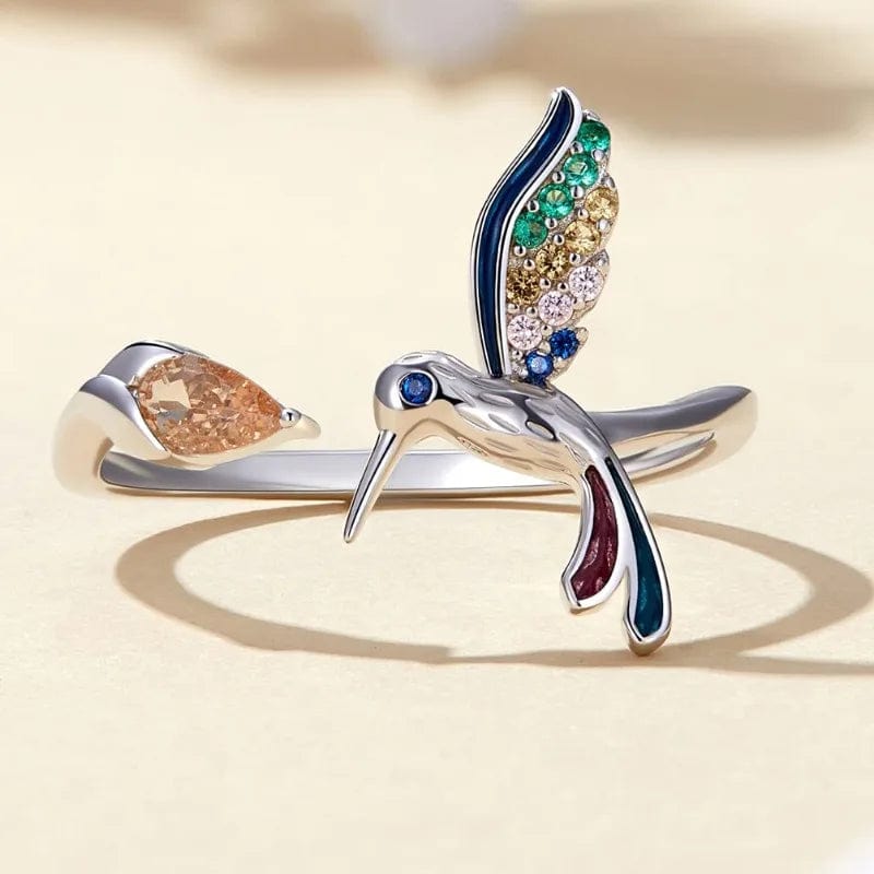  Showlu Fashion Store zd1182-1 / Resizable New Elegant Silver Color Hummingbird Opening Ring Colorful Zircon Adjustable Rings for Women Wedding Party Jewelry Birthday Gift