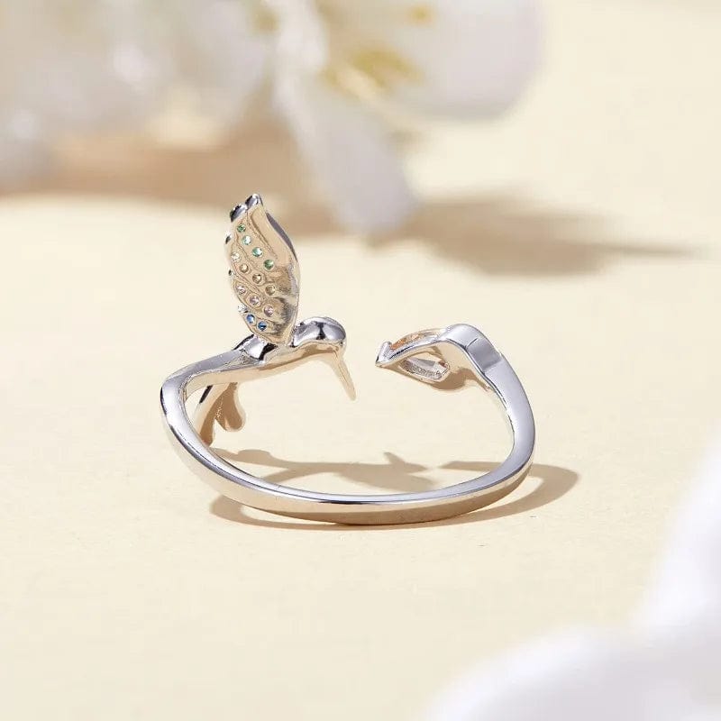  Showlu Fashion Store zd1182-1 / Resizable New Elegant Silver Color Hummingbird Opening Ring Colorful Zircon Adjustable Rings for Women Wedding Party Jewelry Birthday Gift