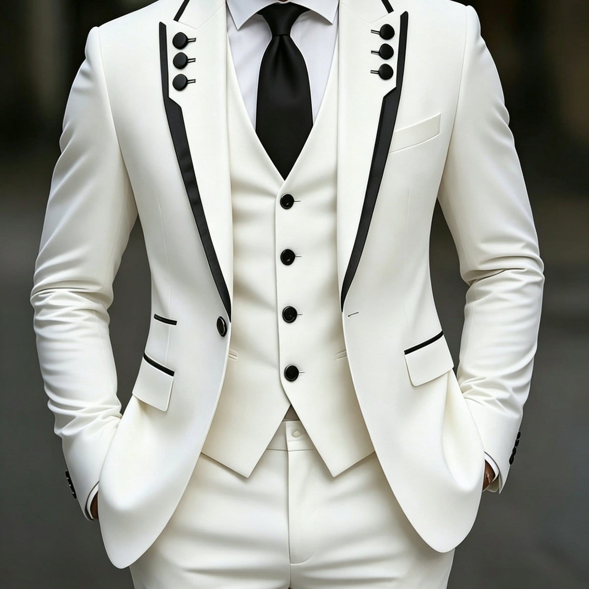 Men's black suit set with lapel and fringed details, including three pieces, suitable for formal parties, weddings, and graduation events.