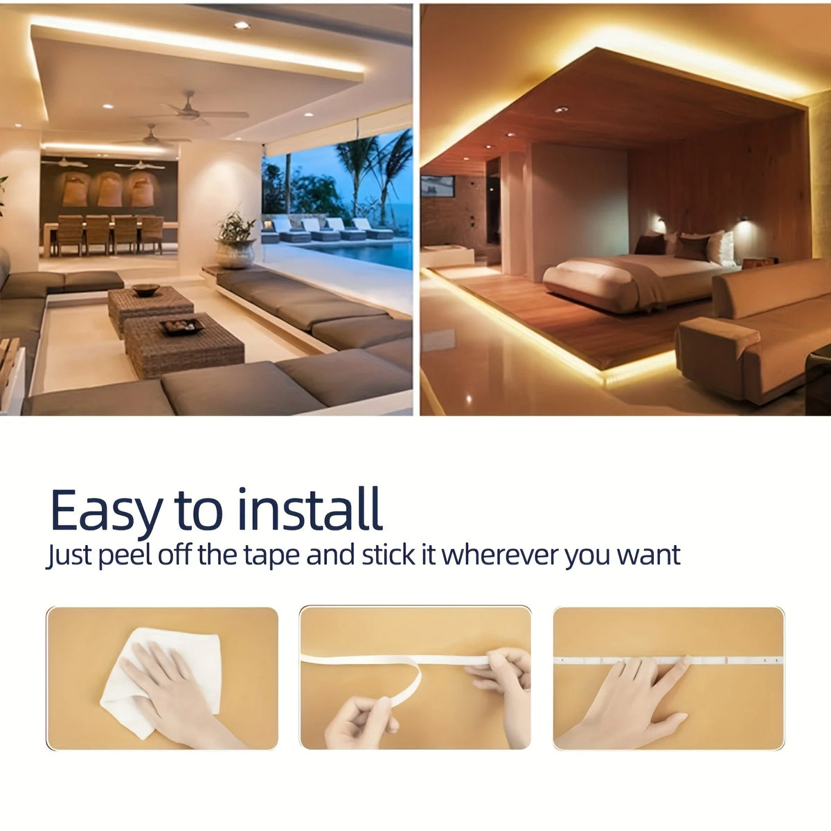 Flexible USB LED strip light in warm white from Showlu Smart General, showing the 5V tape with adhesive backing and LED bulbs.