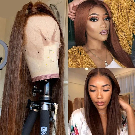 Showlu Store Nation 0 13x4 Lace Frontal Brown Human Hair Wigs With Baby Hair Pre Plucked 4# Bone Straight Lace Frontal Human Hair Wigs