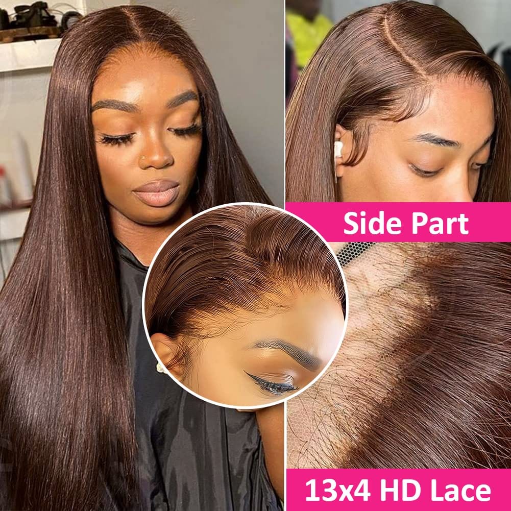 Showlu Store Nation 0 13x4 Lace Frontal Brown Human Hair Wigs With Baby Hair Pre Plucked 4# Bone Straight Lace Frontal Human Hair Wigs