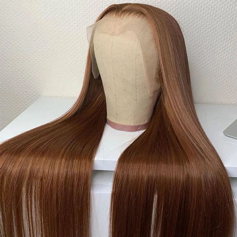 Showlu Store Nation 0 13x4 Lace Frontal Brown Human Hair Wigs With Baby Hair Pre Plucked 4# Bone Straight Lace Frontal Human Hair Wigs