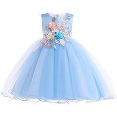 Showlu Store Nation 0 3-4T 110 / light blue Elegant Kids Dress For Girls Birthday Wedding Costume Appliques Flower Girl Party Dresses 3 10 Years Children Summer Clothes