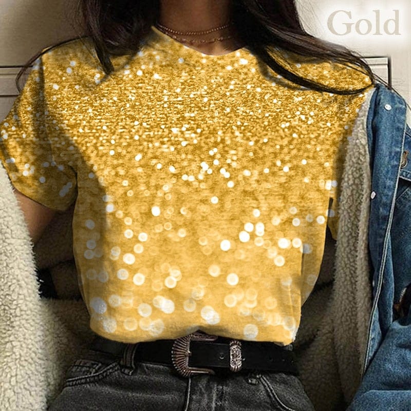 Showlu Store Nation 0 Auburn / XXS New Women Color Glitter Pattern 3d Print T-shirt Women Blouse Casual Sround Neck T Shirt