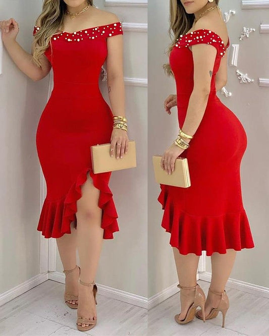 Showlu Store Nation 0 beads Red / S Women Sexy Shiny Rhinestone Embellished Off Shoulder Bodycon Dress