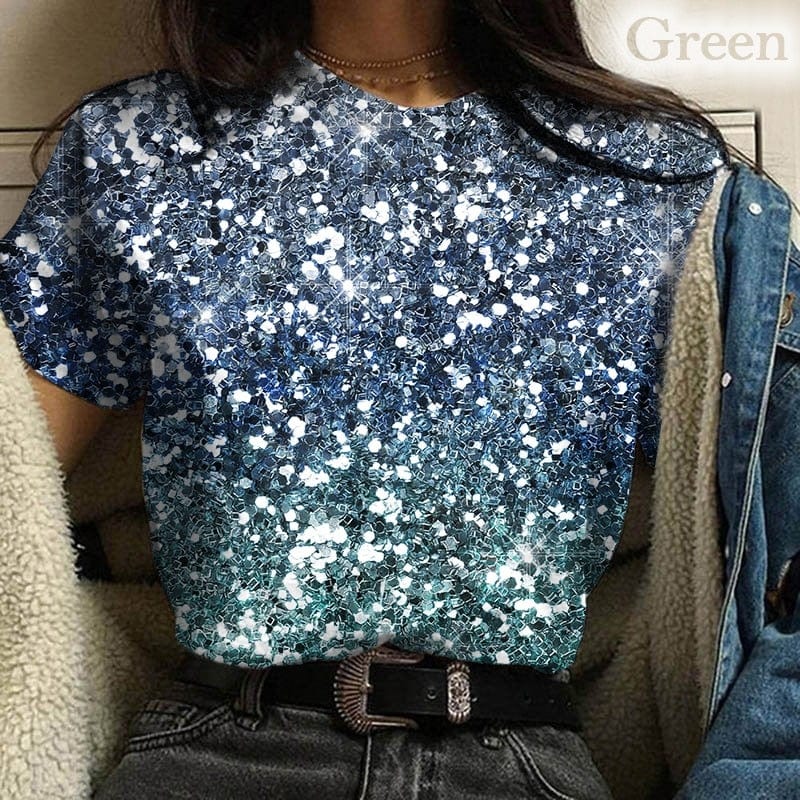 Showlu Store Nation 0 Beige / XXS New Women Color Glitter Pattern 3d Print T-shirt Women Blouse Casual Sround Neck T Shirt