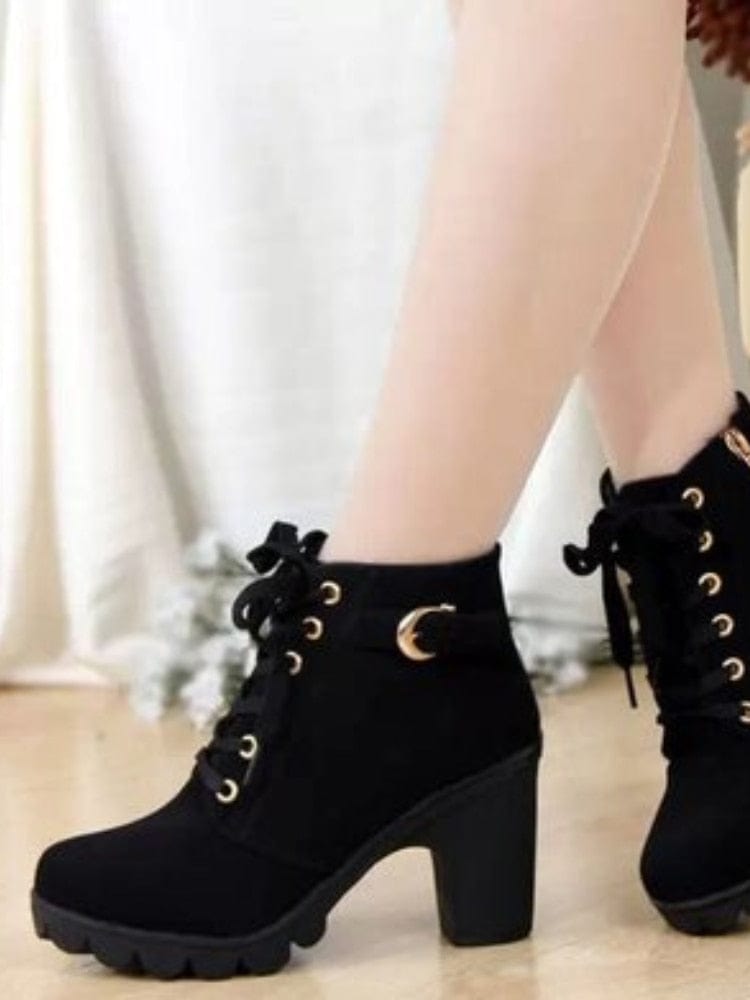 Showlu Store Nation 0 Black / 35 Winter 2022 New High Heeled Women Boots Cross Straps Short Boots Comfortable Waterproof Boots Warm Plus Size 42 Botas Femininas