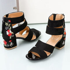 Showlu Store Nation 0 Black Embroidered Mid-heel Sandals Women Summer All-match Thick Heel Elegant Retro Open Toe Embroidered Shoes Women  Sandalen